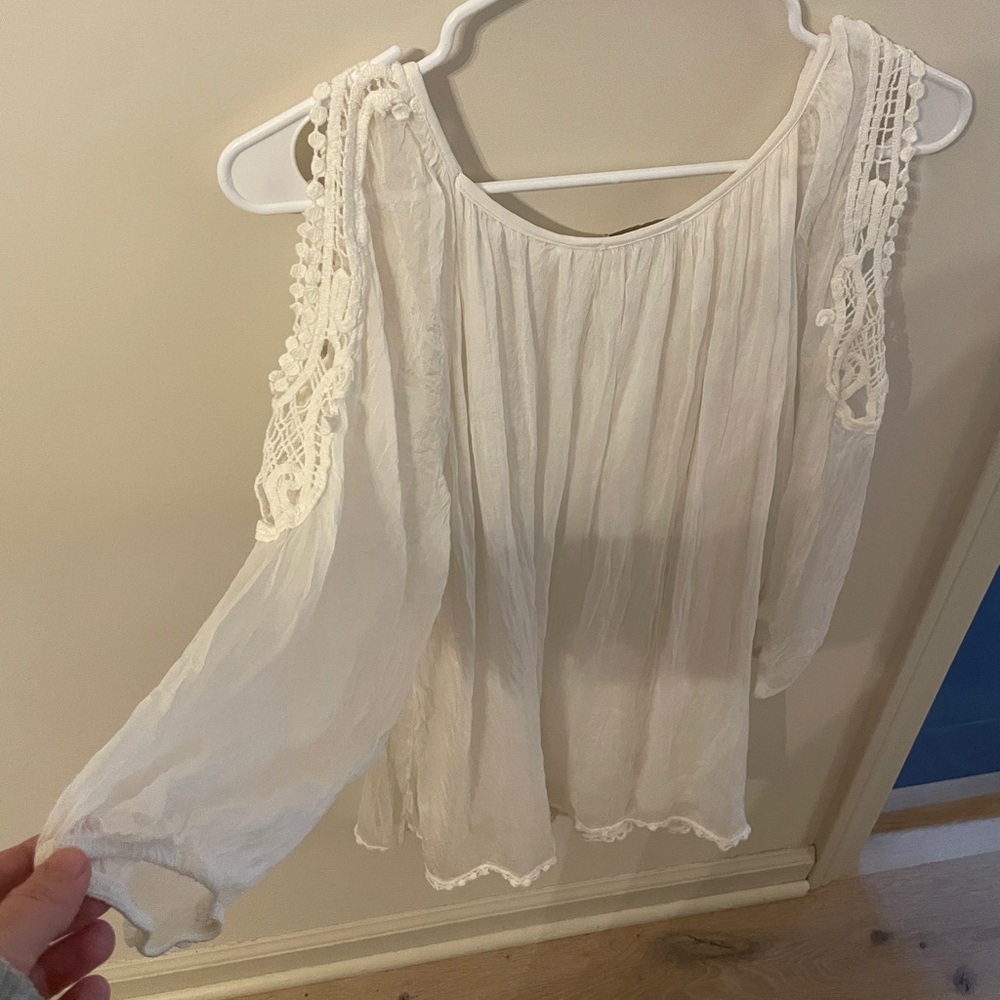 100% Silk White Flowy Lace Trim Peasant Blouse Bridal Wedding Resortwear Beach - Picture 4 of 6